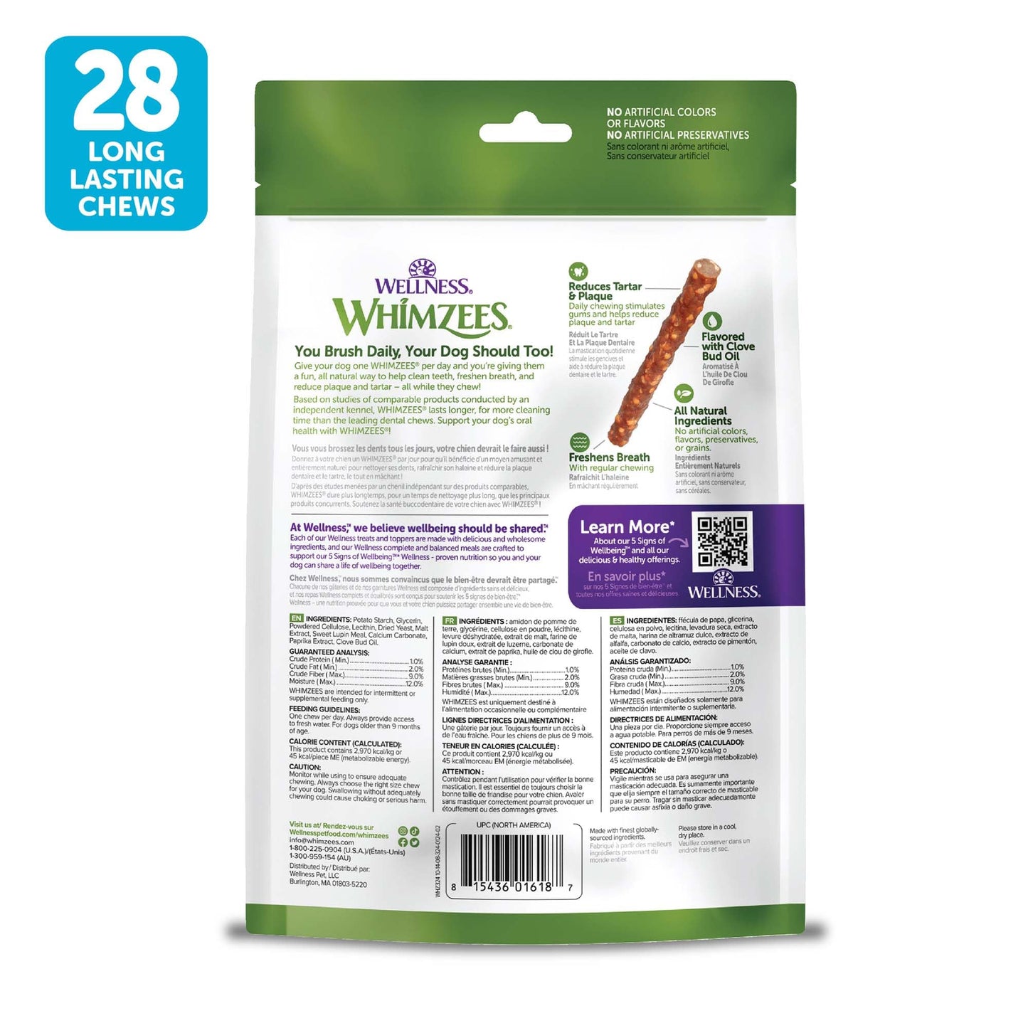 Wellness WHIMZEES Veggie Sausage Dog Dental Treats, Natural Chews, Small Size Stick, (28 Count)