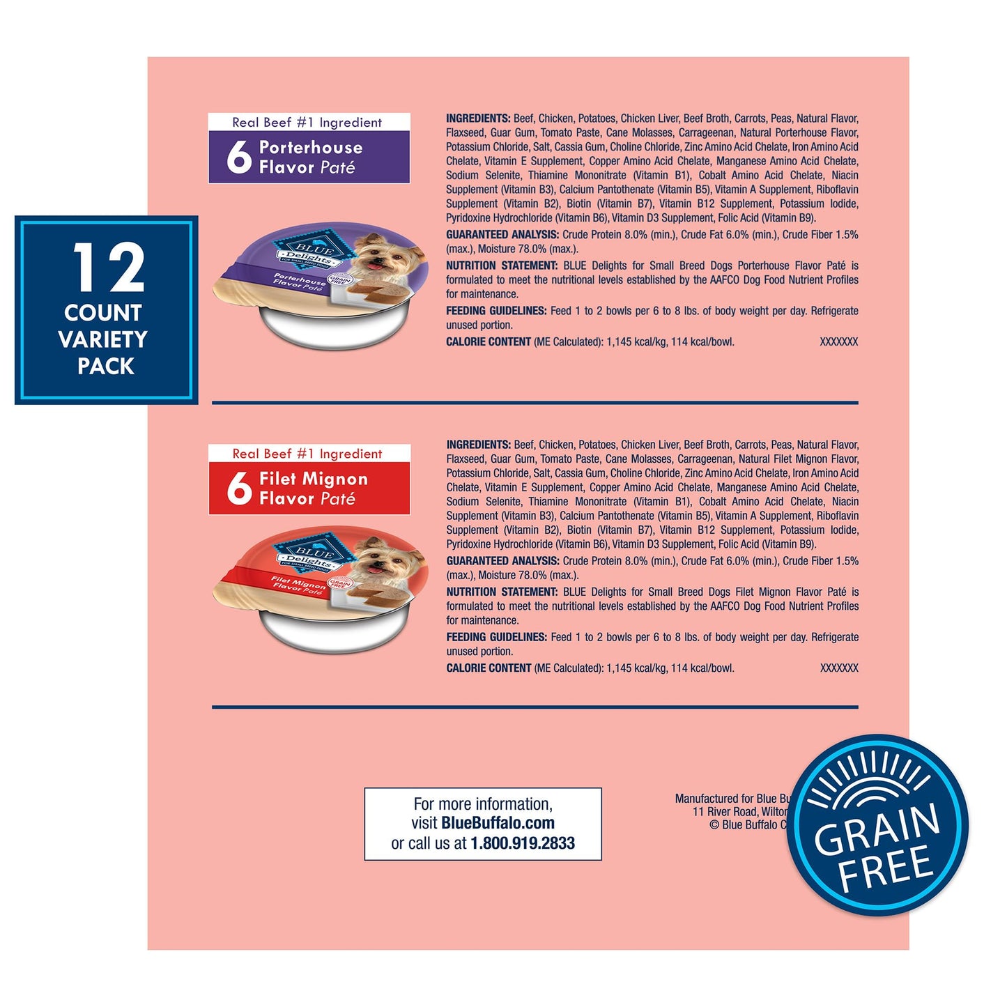 Blue Buffalo Delights Natural Adult Small Breed Wet Dog Food Variety Pack, Made with Natural Ingredients, Filet Mignon Flavor Paté & Porterhouse Flavor Paté, 3.5-oz. Cups (12 Count, 6 of Each)