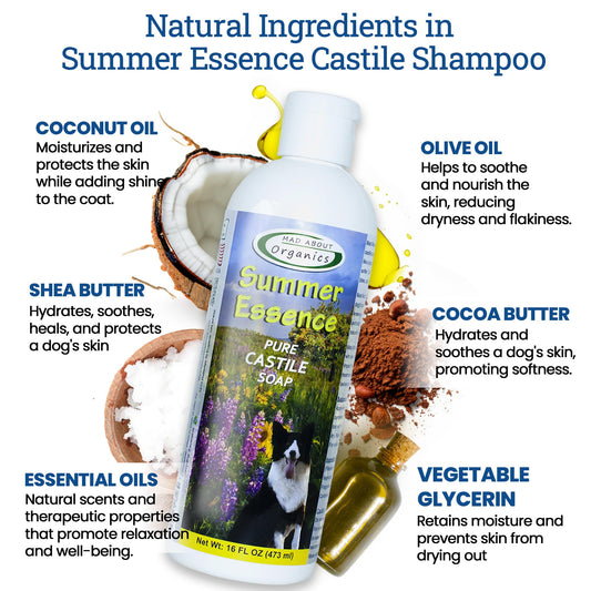 Mad About Organics Summer Essence Dog Shampoo - Pure Castile Soap with Botanical Fruit & Flower Oils, Gentle Formula for Delicate Skin, Mild and Calming for Dogs from 4 Weeks & Older, 16 oz