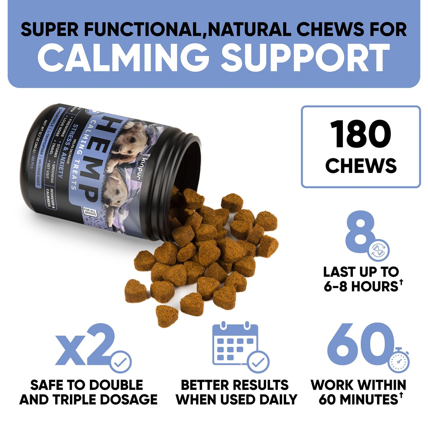 Calming Chews for Dogs with Hemp Oil - Dog Calming Treats with Duck Flavour - Aid During Thunderstorms, Fireworks, Separation, Car Rides - Hemp Dog Treats for Calming Support - 180 Chews