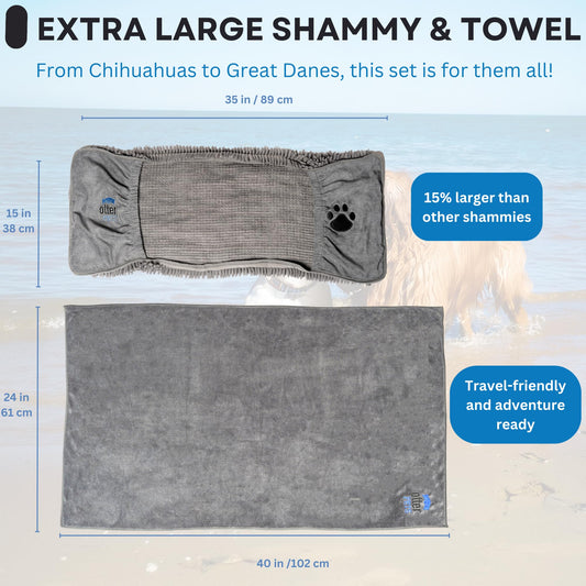 OtterPets 3 Piece Set: 2 Dog Towels and Dog Bath Brush. Dog Shammy and Microfiber Dog Towel. Super Absorbent Towels, Dog Bath Supplies, Dog Scrubber for Bath