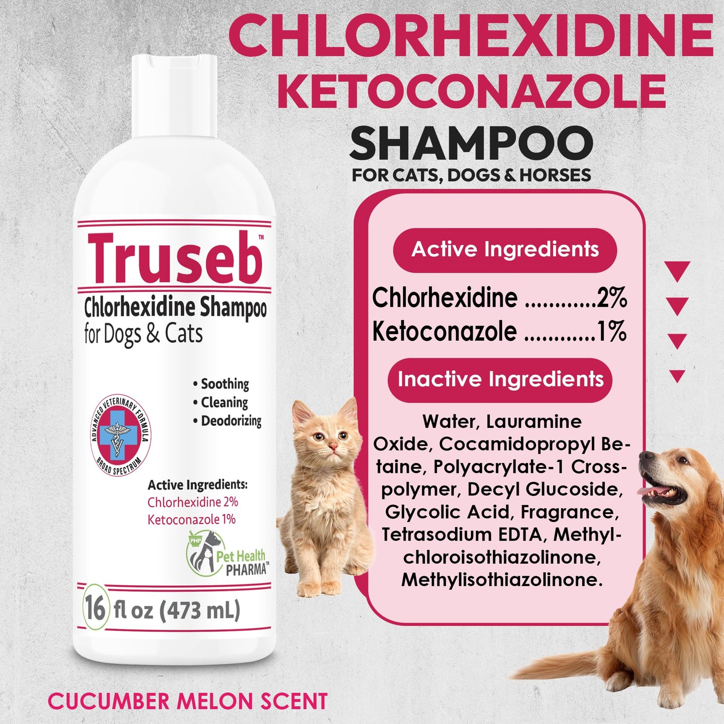 All Natural Ketoconazole & Chlorhexidine Shampoo for Dogs & Cats and Vet-Strength with a Light Scent (USA) (Ketoconazole & Chlorhexidine Shampoo, 32 oz) Made in U.S.A