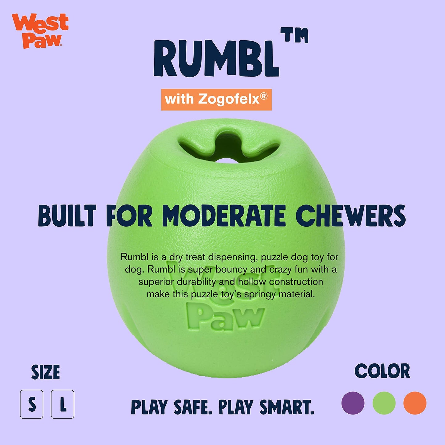WEST PAW Zogoflex Rumbl Treat-Dispensing Dog Toy – Interactive Slow-Feeder Chew Toy for Dogs – Dog Enrichment Toy – for Moderate Chewers, Fetch, Catch – Holds Kibble, Treats (Jungle Green, Small)