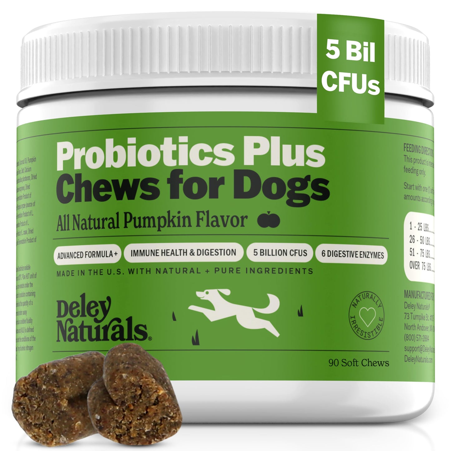 Deley Naturals Probiotics Plus Chews for Dogs, Gut Health Supplement, 5 Billion CFU's, Digestive Enzymes, Prebiotics, Dog Allergies, Diarrhea, Yeast, Pumpkin Flavor, 90 Count - Made in The USA