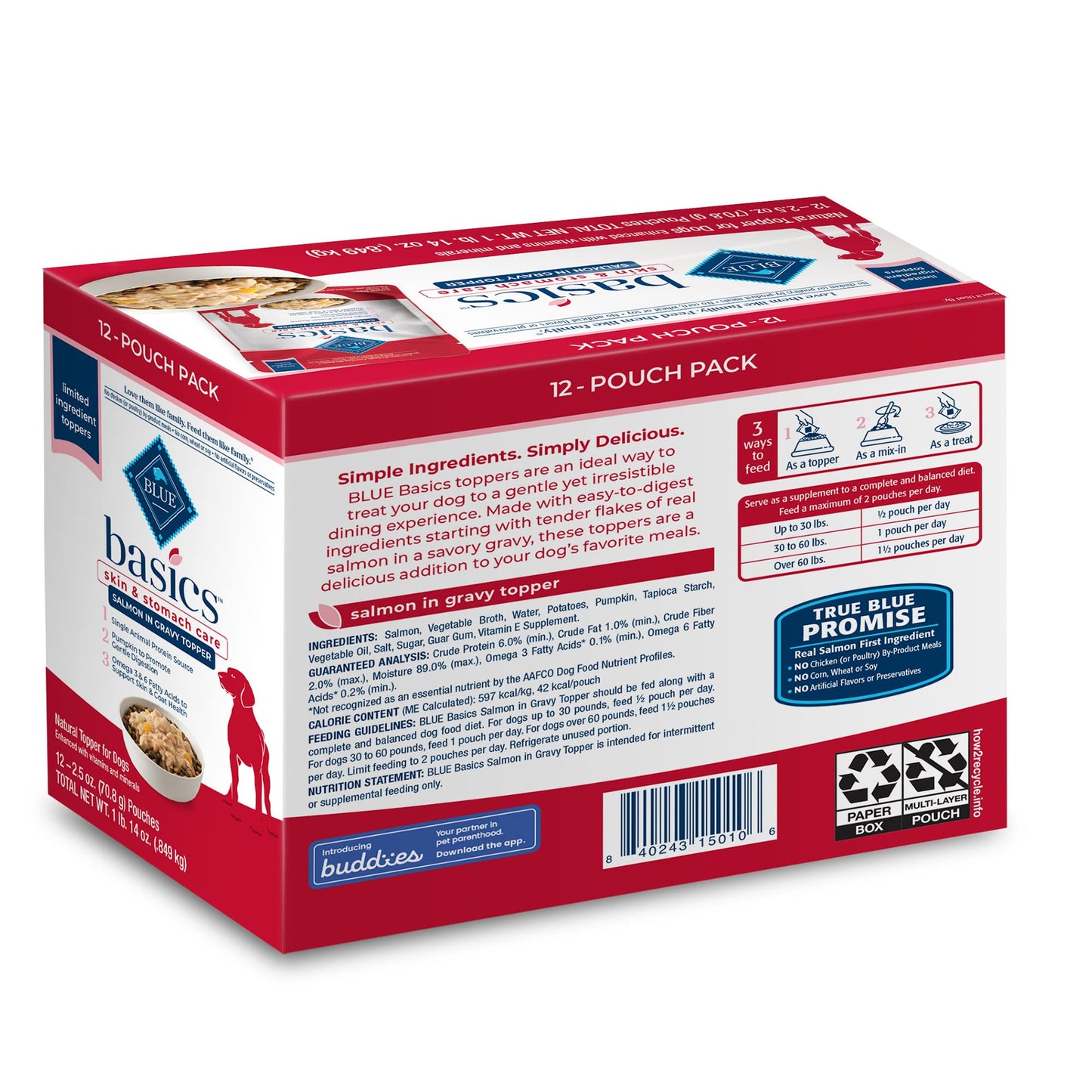 Blue Buffalo Basics Skin & Stomach Care Natural Wet Dog Food Topper, Salmon in Gravy 2.5oz Pouch (12 Pack)