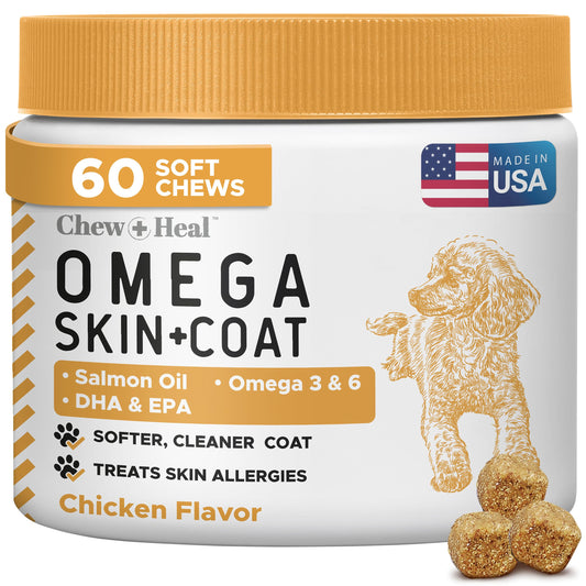 Salmon Oil for Dogs -60 Soft Chew Omega Treats Skin and Coat Supplement for Dogs -Fish Oil Blend of Fatty Acids, Omega 3 and 6, Vitamins, Antioxidants, Minerals -Made in USA