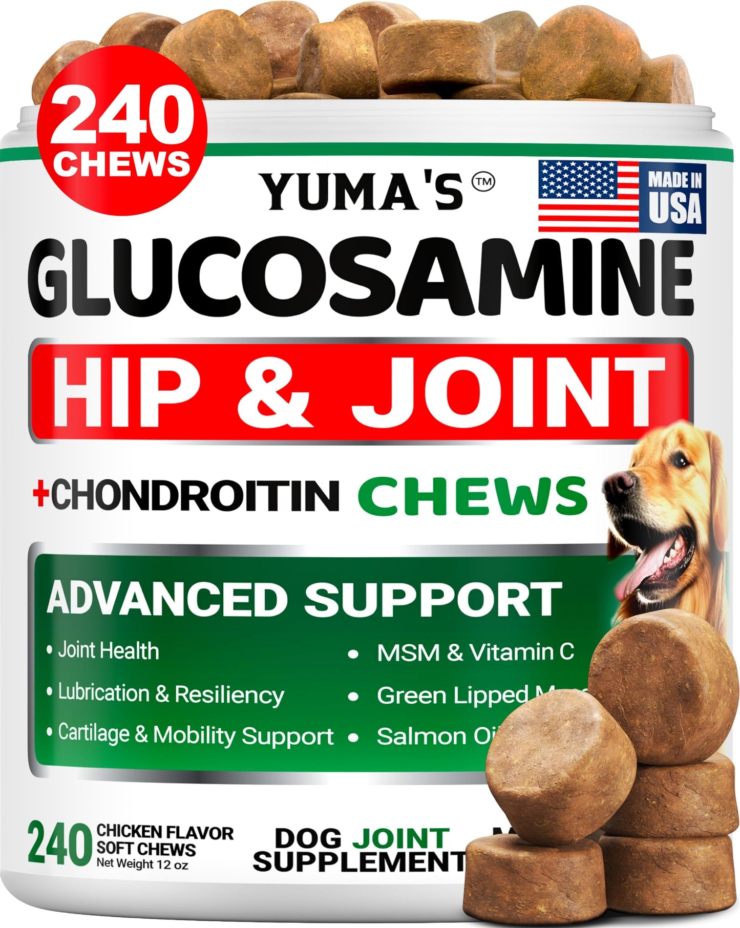 Glucosamine for Dogs - 240 Chews - Hip and Joint Supplement for Dogs - Advanced Glucosamine Chondroitin Treats with MSM - Joint Pain Relief - Large & Small Breed - Mobility Support - Made in USA