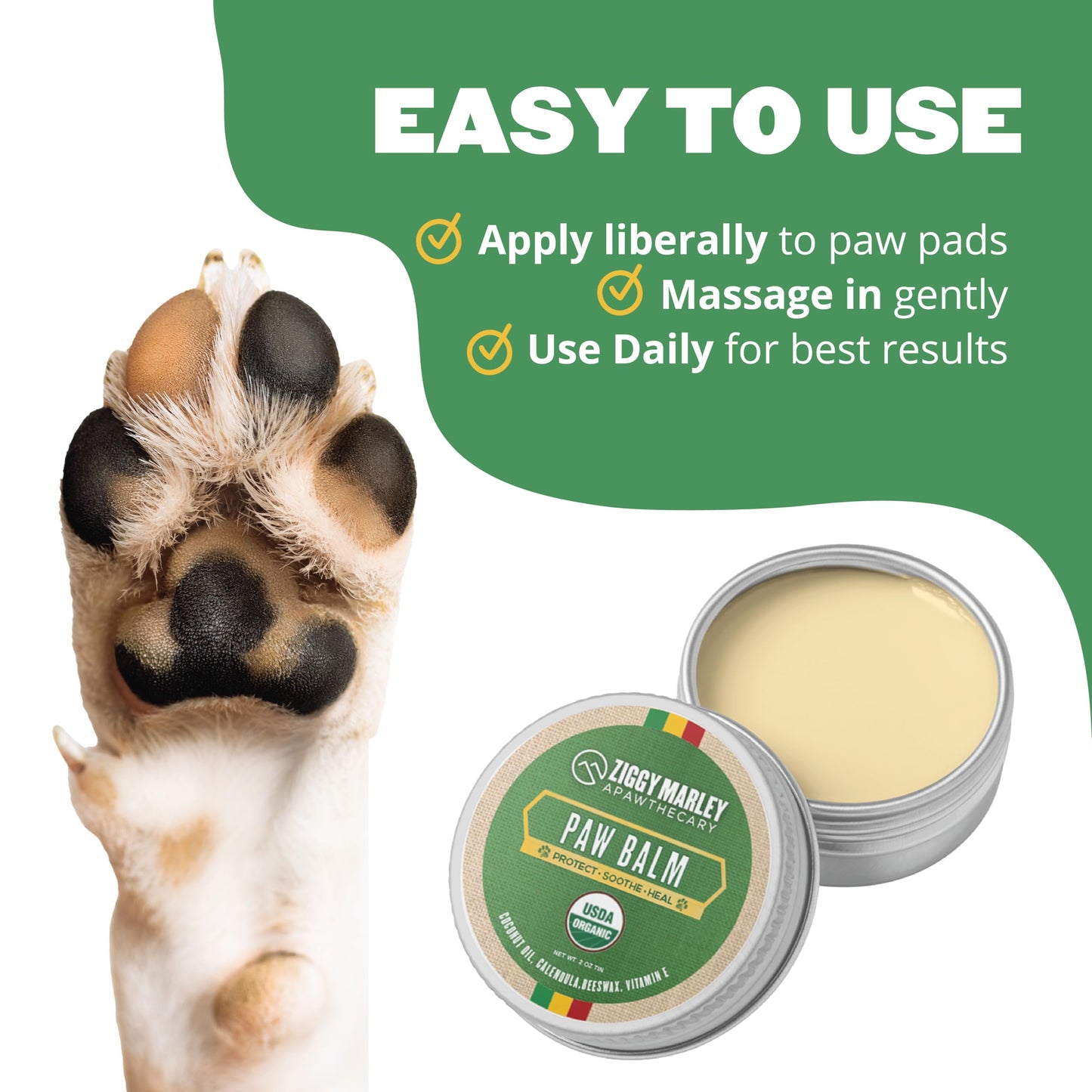 ZMA PETS Ziggy Marley's Paw Balm for Dogs – USDA Organic Topical Protect, Soothe, and Heal Dry Cracked Paw Pads – Made with Coconut Oil, Calendula, Beeswax, and Vitamin E- 2 oz