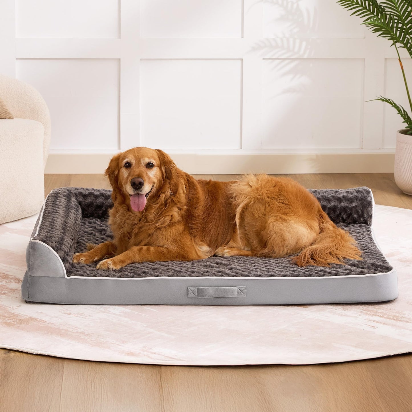 Aeroluxe Dog Bed Large Sized Dogs, XL Orthopedic Dog Bed for Large Dogs, Waterproof Pet Bed with Washable Removable Cover, L-Shaped Pet Couch with Portable Handle 42"x30"x7.5", Grey
