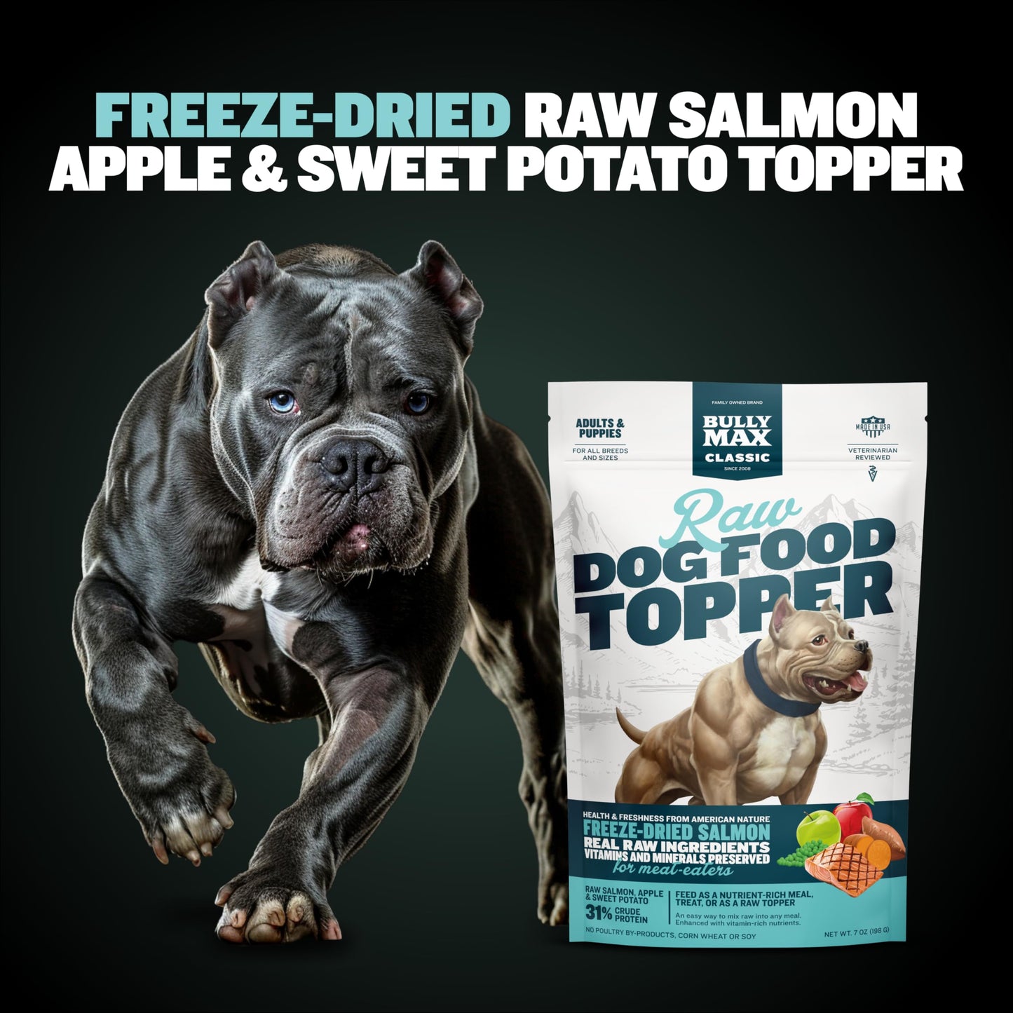 Bully Max Freeze-Dried Raw Dog Food Toppers for Puppies & Adult Dogs - Salmon with Real Fruits & Veggies - Meal Enhancers with Vitamins & Minerals - Feed as Puppy Treat or Dog Meal