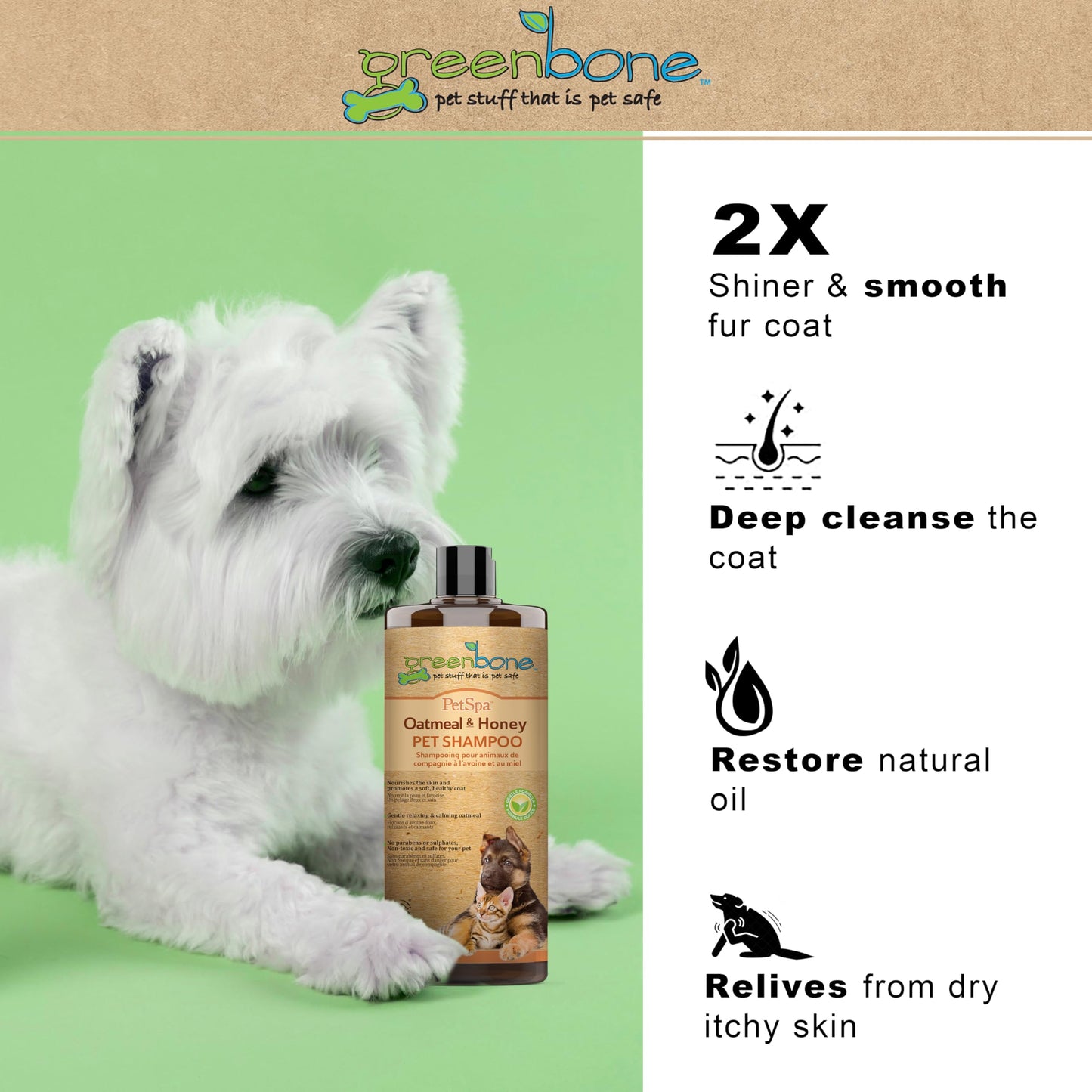 Greenbone Pet Spa Oatmeal & Honey Dog Shampoo - Calming, Soothing, Gentle Grooming Solution, 33 fl oz, Safe & Natural Formula