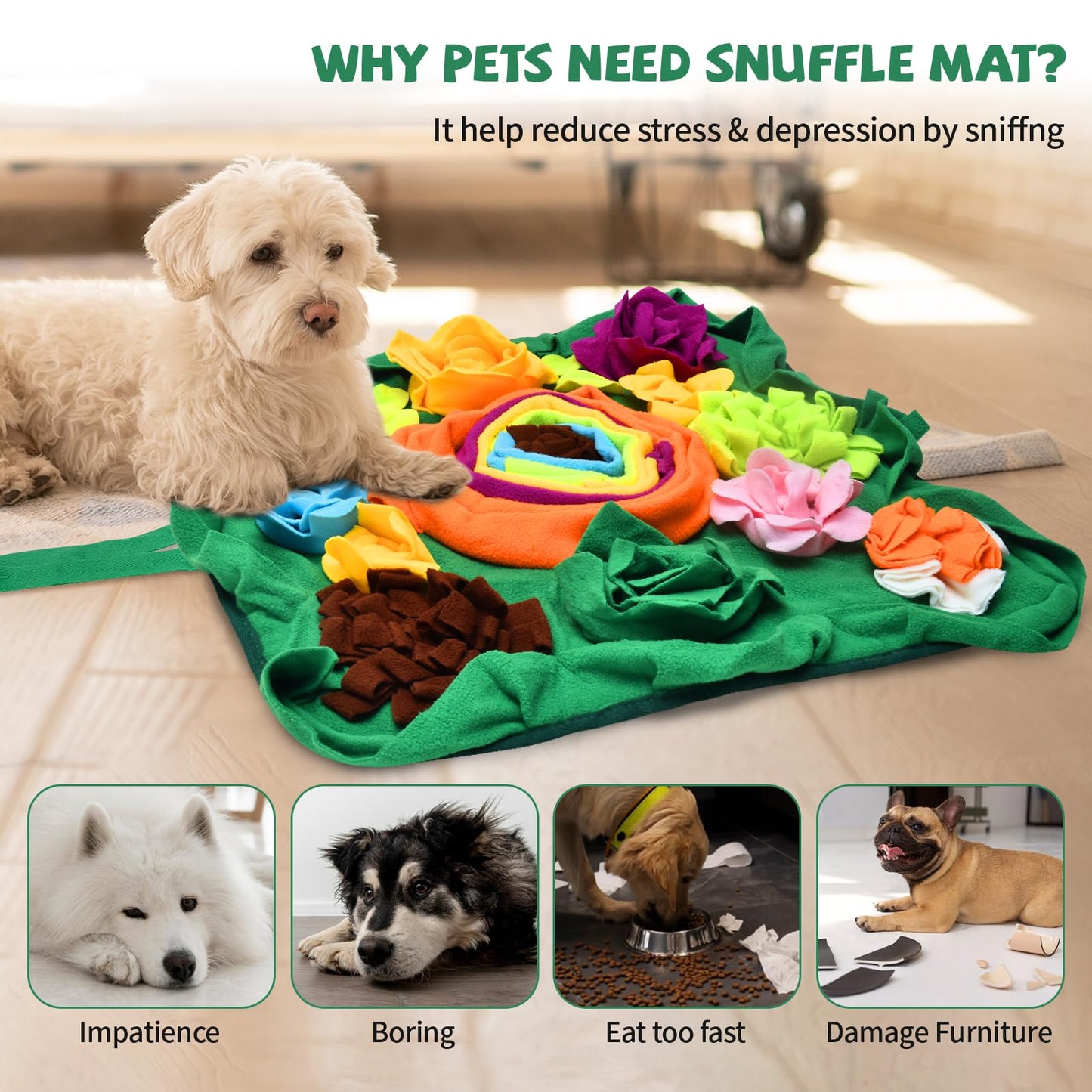 Snuffle Mat for Dogs, Interactive Sniff Mat Slow Feeding Mat for Small Pets Cats, Rabbits to Keep Busy, Dog Puzzle Slow Feeder Treat Toy, Dog Treat Dispenser for Training and Stress Relief (Green)