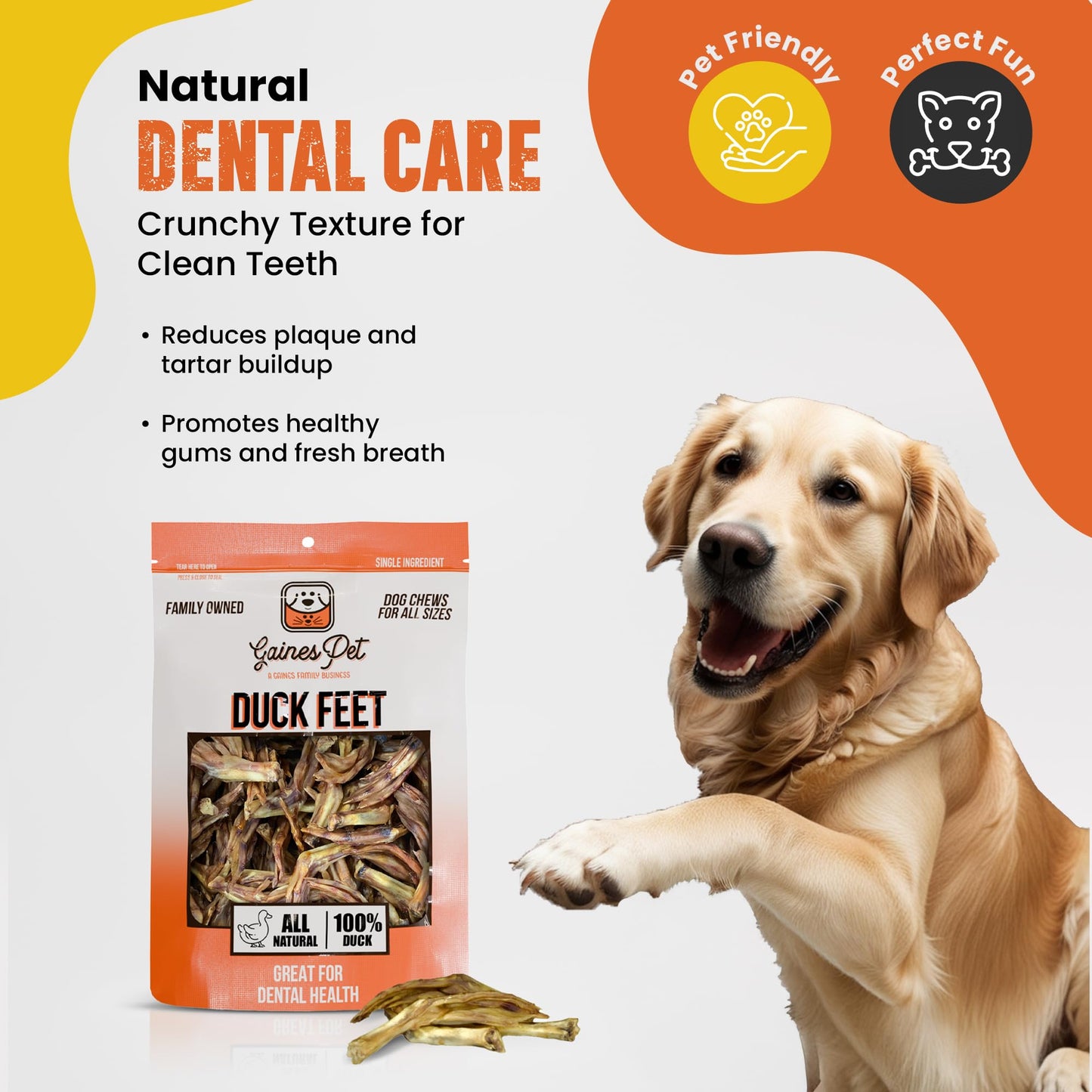 Gaines Pet Duck Feet for Dogs - 20 Count, Whole Dehydrated Duck Feet Dog Treats, USA Made, Natural Dental Chews with Collagen, Glucosamine & Chondroitin for Hip & Joint Health