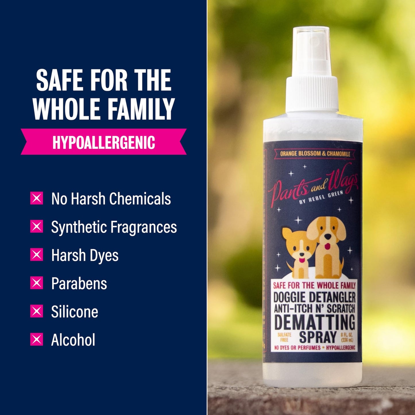 Rebel Green Pants & Wags Anti-Itch & Scratch Dematting Spray - Dog Hair Detangler - Orange Blossom & Chamomile - Hypoallergenic - No Dyes or Perfumes - 8 oz - 2 Pack