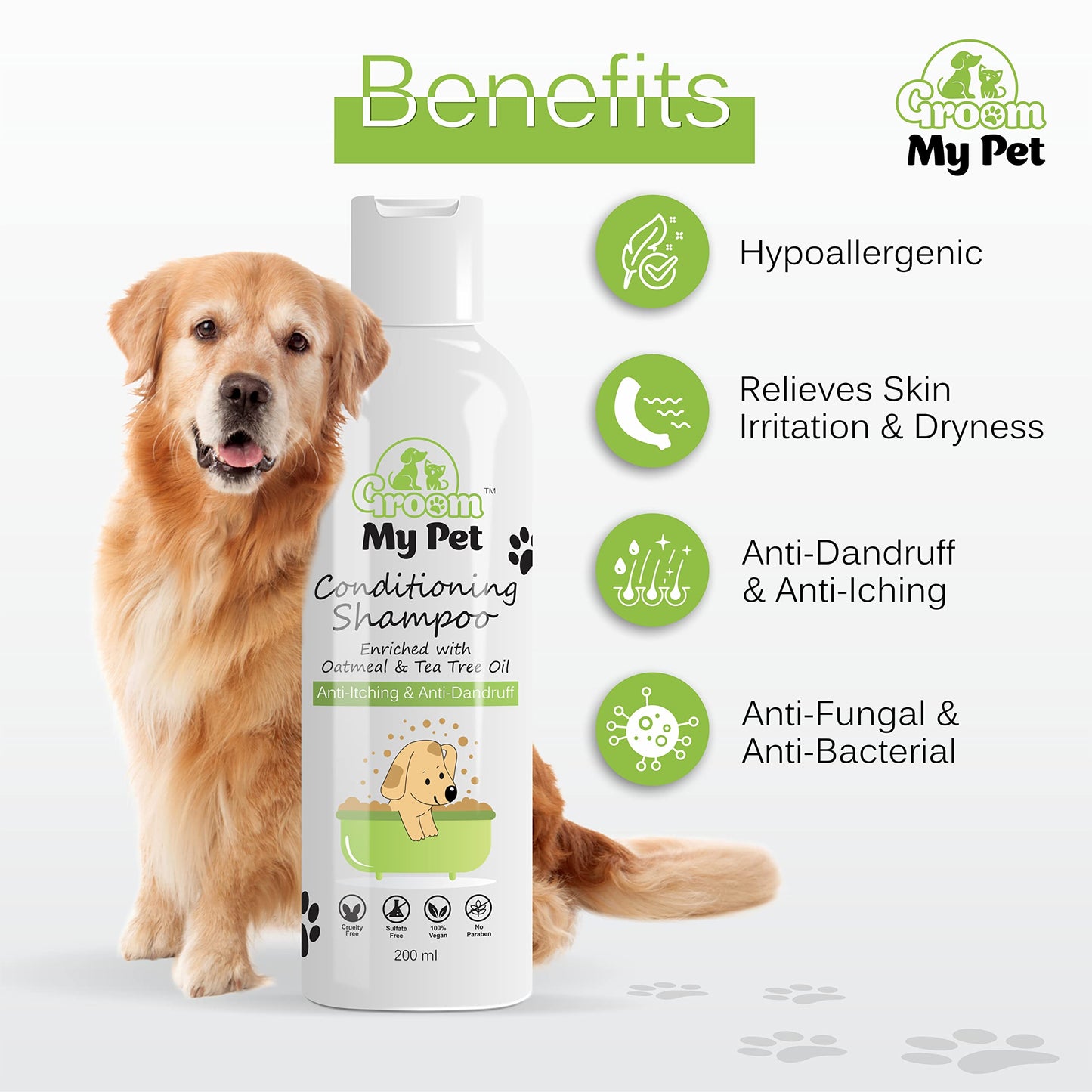 Groom My Pet Dog Shampoo with Conditioner-200ml | for All Breeds & All Hair Coat Types|Enriched with Oatmeal & Tea Tree Oil | Sulfate Free