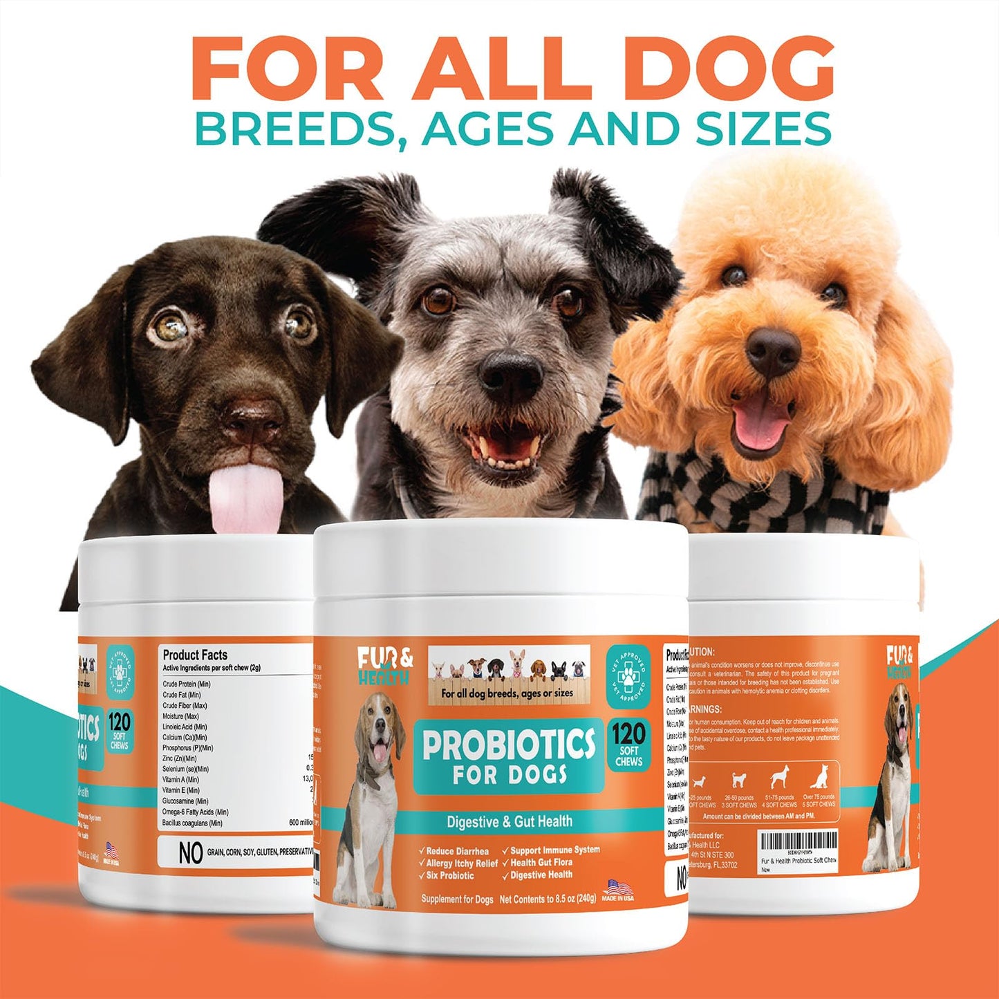 Fur & Health Probiotics for Dogs - Natural Digestive & Allergy Relief Soft Chews with Prebiotics & Enzymes - Dog Yeast Infection Treatment & Immune Support - Chicken Flavor, 120 Chews