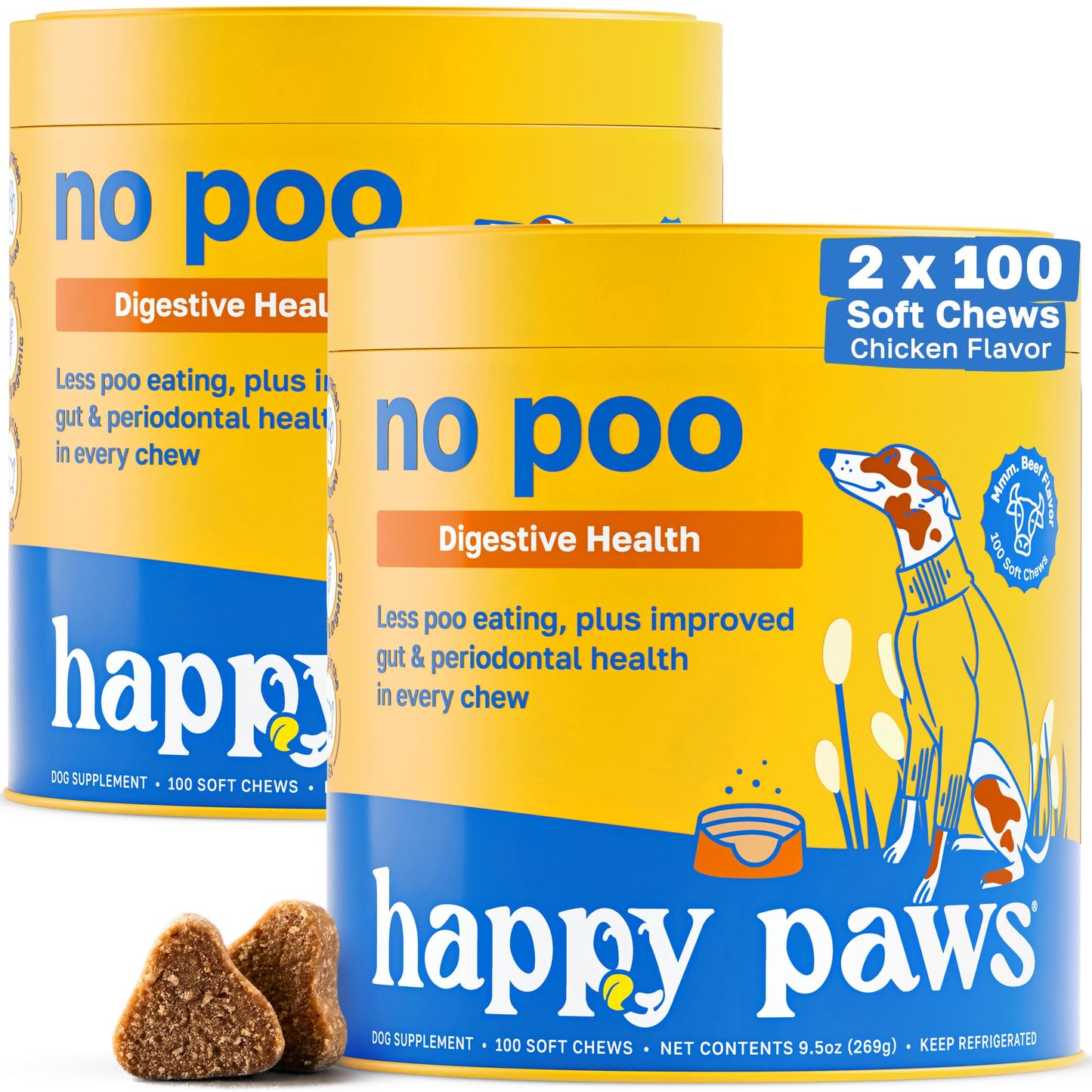 Happy Paws No Poo Chews for Dogs, Stool Eating Deterrent, Soft Chews for Dogs with Bromelain, Pumpkin, Probiotics & Enzyme Blend for Digestive Health, Organic, Vegan, Non GMO, Beef Flavor, 200 Count