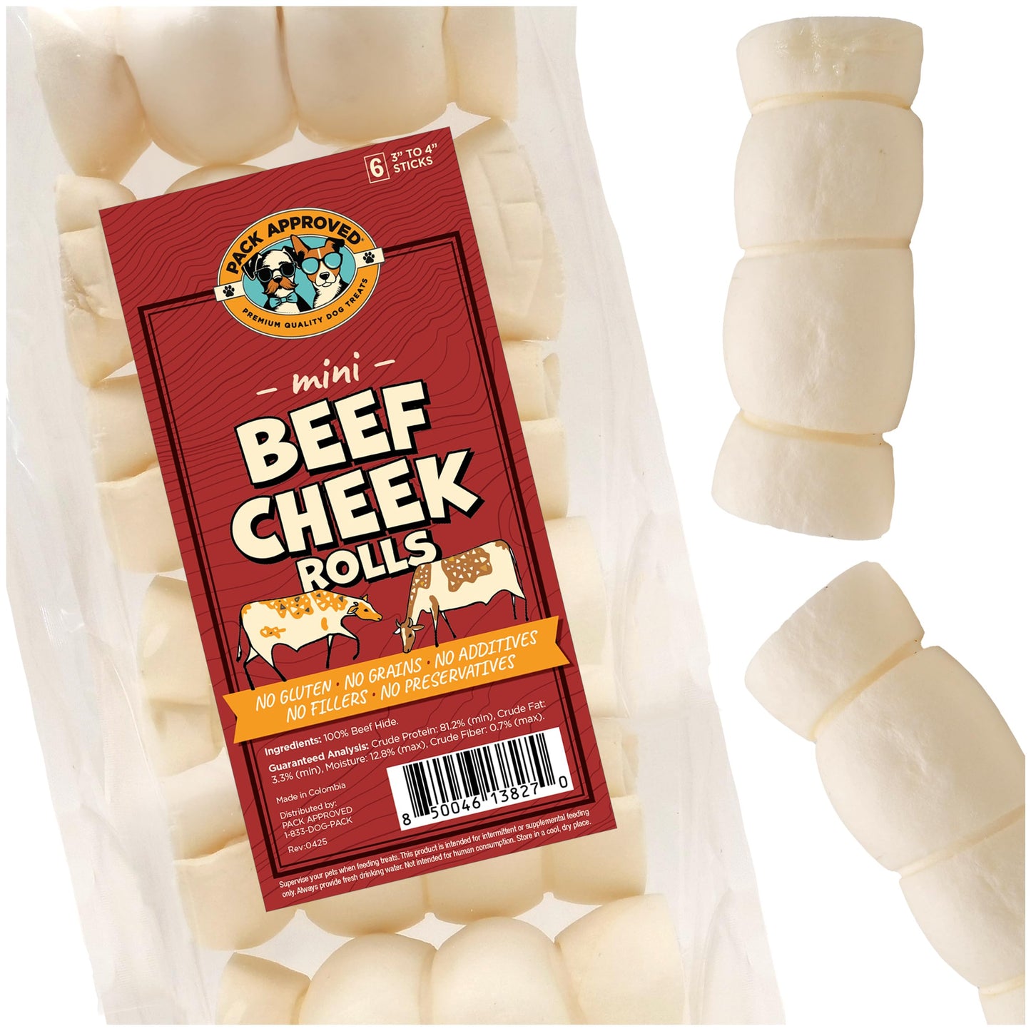 Pack Approved Mini Beef Cheek Rolls - Single Ingredient, All Natural Dog Treats for Small and Medium Dogs - Low Fat, Gluten-Free, & Grain Free Dog Treats - 3-4 inch (6-Pack)