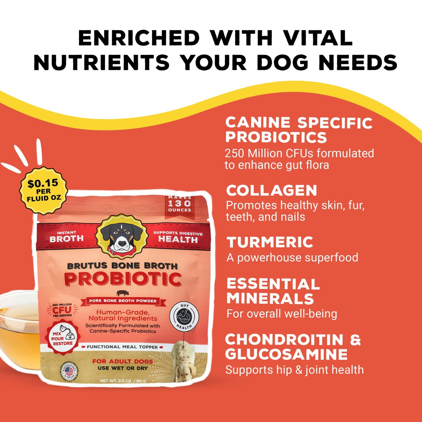 Brutus Bone Broth Probiotic Meal Toppers for Dogs Mega Pack (Pork) - Bone Broth Powder Fortified with Canine Probiotics - Dog Food Toppers for Dry Food - Makes 130oz of Liquid Bone Broth