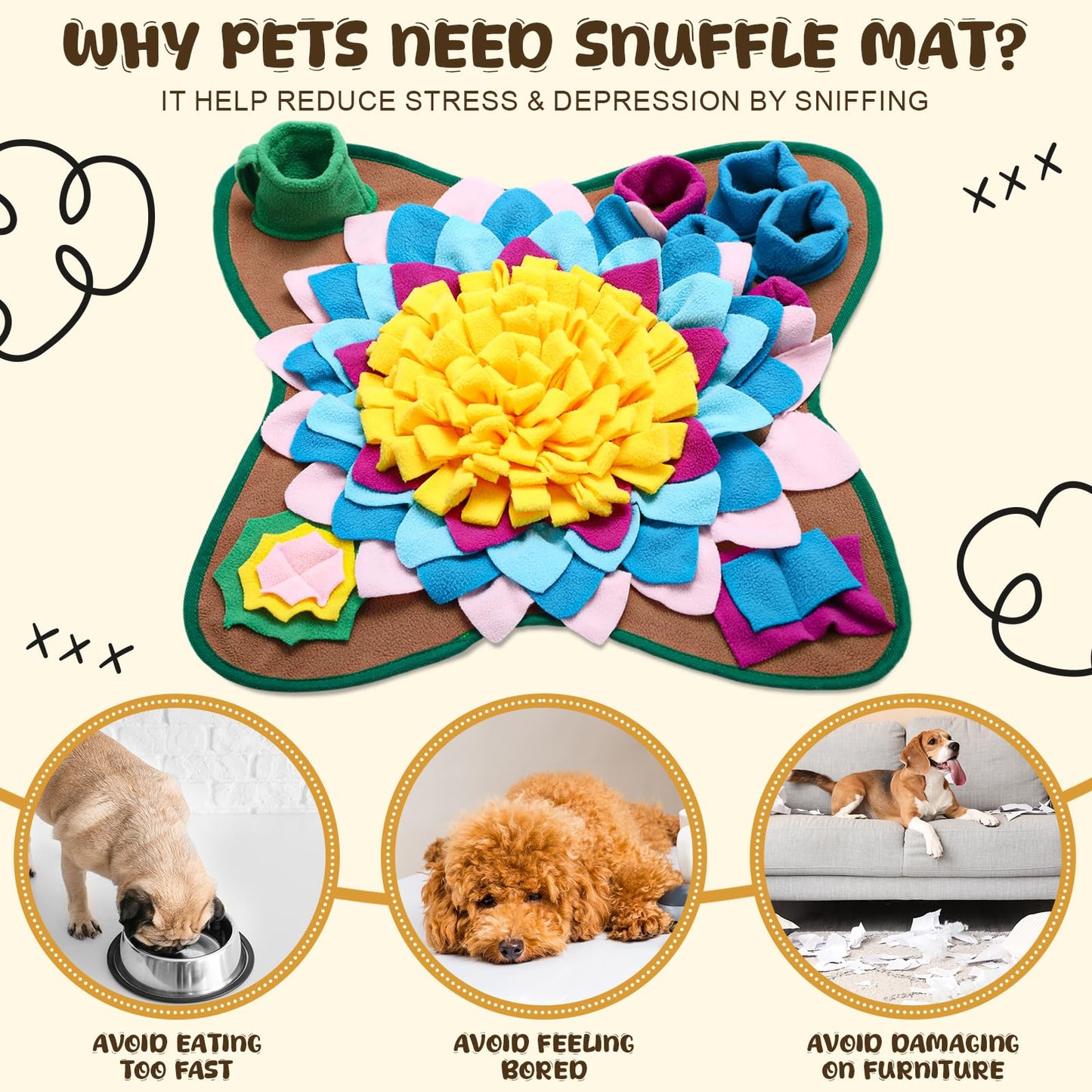 Arrowbash Snuffle Mat for Dogs Cats 18.8 x 18.8 Inch Interactive Sniff Feeding Mat with 2 Pack Toy Balls for Small & Medium Puppies, Encourages Natural Foraging Skills, Training and Stress Release