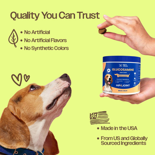 PET'S DREAM Hip and Joint Glucosamine for Dogs, Senior Advanced Joint Supplement for Dogs with Chondroitin & MSM, Dog Hip and Joint Supplement Large & Small Breed, Bacon Flavor, 130 Chews