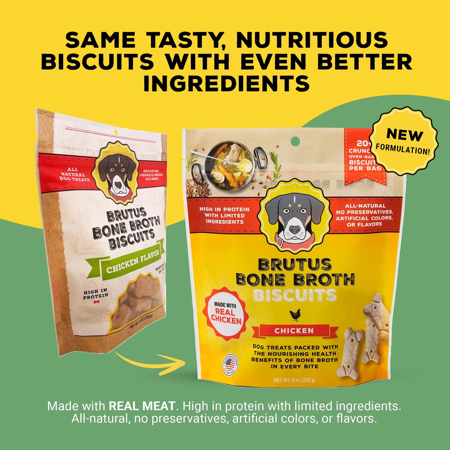 Brutus Bone Broth Biscuits (Chicken) - Healthy Dog Treats - Natural Biscuits with Dog Bone Broth and Real Chicken Meat - 18 Grams of Protein - 8 OZ (Pack of 2)