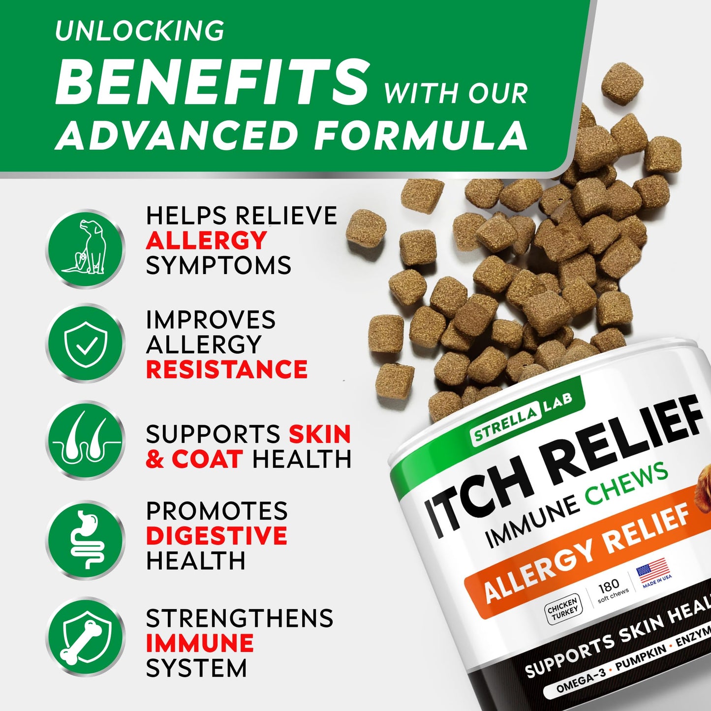 StrellaLab Dog Allergy Relief & Anti Itch Support Chews w/Omega 3, Pumpkin, Enzymes & Turmeric: Real Ingredients, Real Taste! Skin & Coat Immune Supplement w/Fish Oil - Made in USA - 180Ct - Chicken