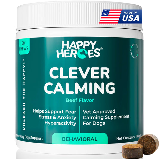 Happy Heroes - Clever Calming Chews for Dogs, 100% Natural Dog Supplement, For Anxiety Relief, Helps Stress, Fear, Hyperactivity, Reactivity, Beef Flavor Calming Dog Treats, Made in USA, 60 Soft Chews