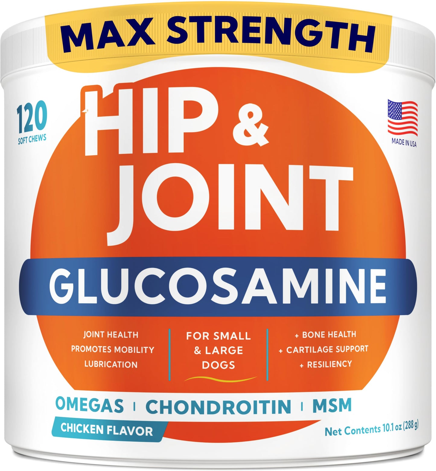 Glucosamine for Dogs Hip & Joint Supplement - Chondroitin, Omega-3, MSM - Joint Health & Pain Relief - Senior & Large Dogs - Made in USA - 120 Mobility Chews