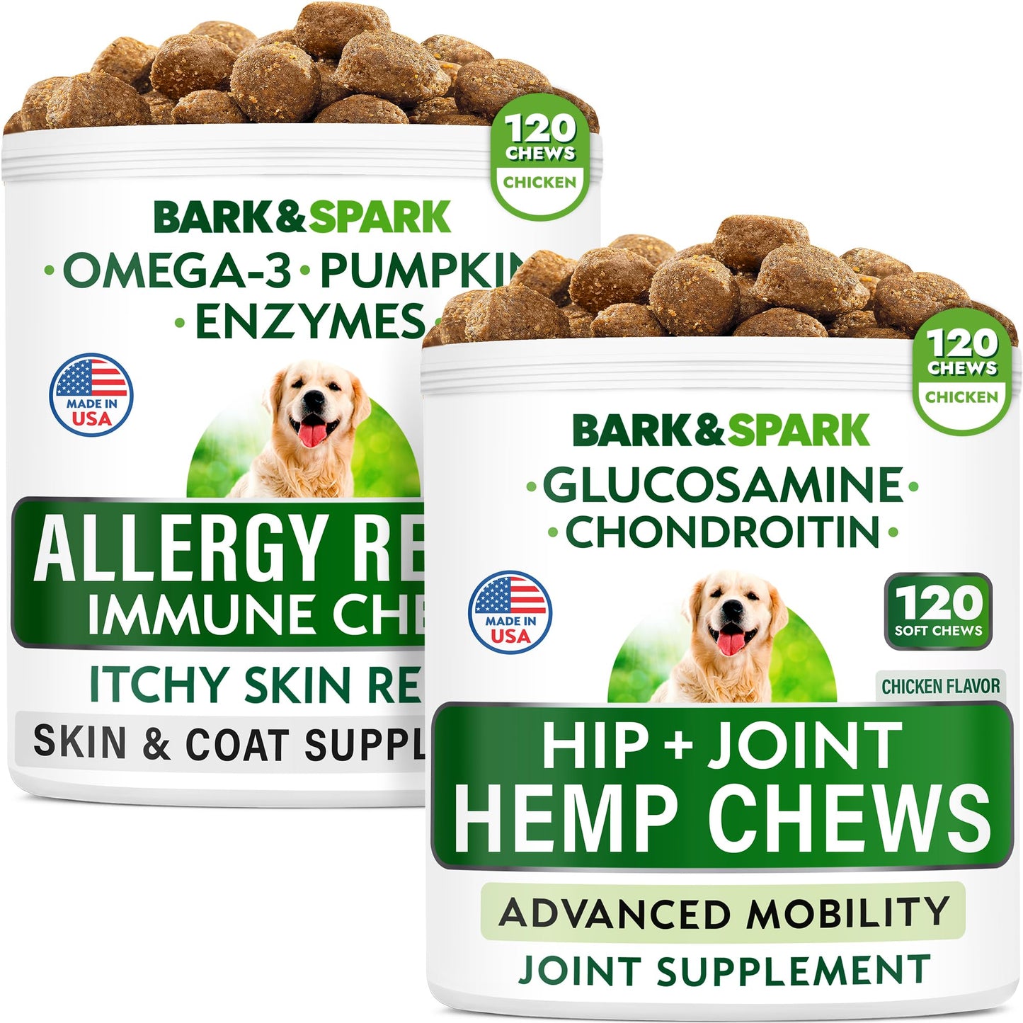 Hemp Oil Treats + Glucosamine + Allergy Relief Bundle - Hip & Joint Supplement + Anti-Itch & Hot Spots - Chondroitin, MSM + Omega 3 + Pumpkin + Enzymes - Immune Support - Made in USA - 240 Chews