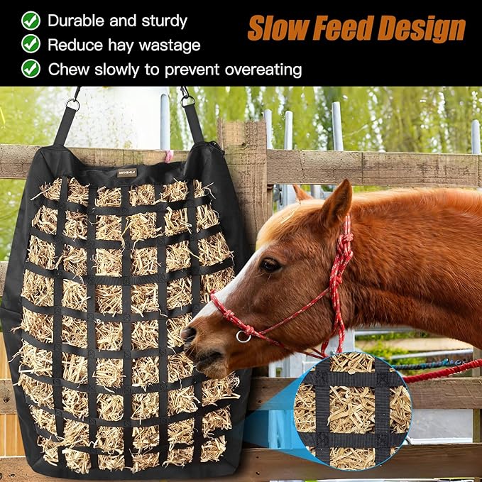 Hay Bag for Horses,Slow Feeder Hay Bag for Gound Feeding,Heavy Duty Oxford Hay Feed Bag for Horses Goats Cows Donkeys with Large Opening and Adjustable Strap for Easy Filling and Hanging
