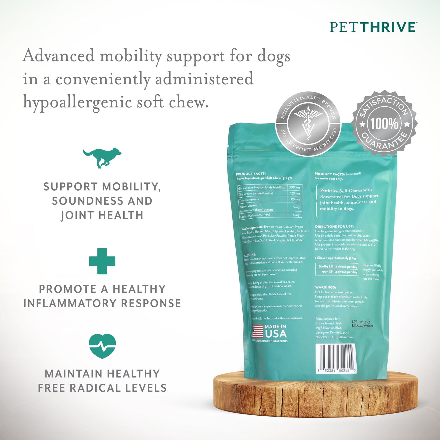 PetThrive Dog Hip and Joint Support Supplement Soft Chews with Resveratrol, Glucosamine, Chondroitin, Hyaluronic Acid, Bacon Flavor, Large Breed