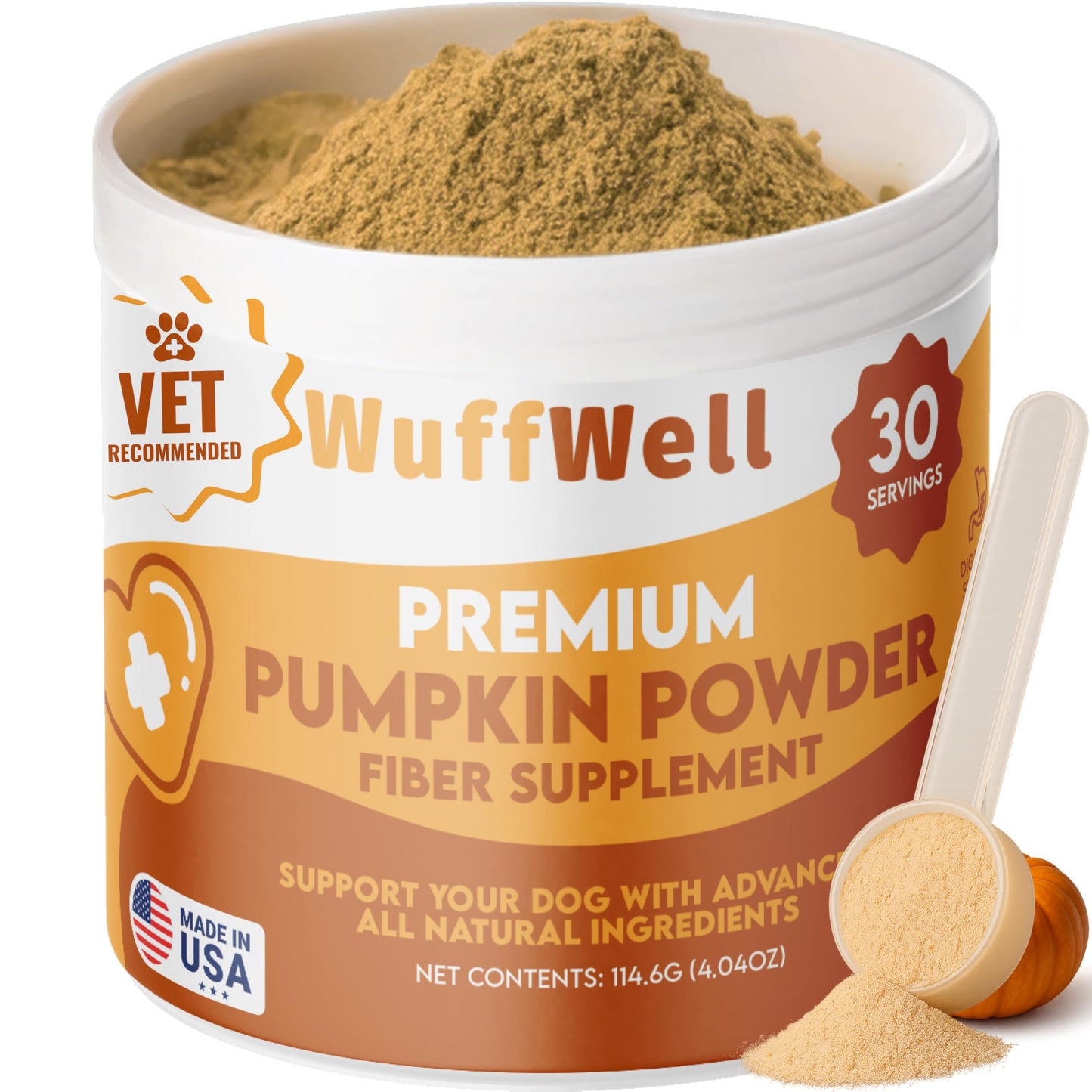 WuffWell Pumpkin Powder for Dogs with Probiotics - Rich in Fiber, Helps with Digestion, Nutrient Absorption, Diarrhea, Constipation & Upset Stomach - Organic Dog Food Topper - Made in USA