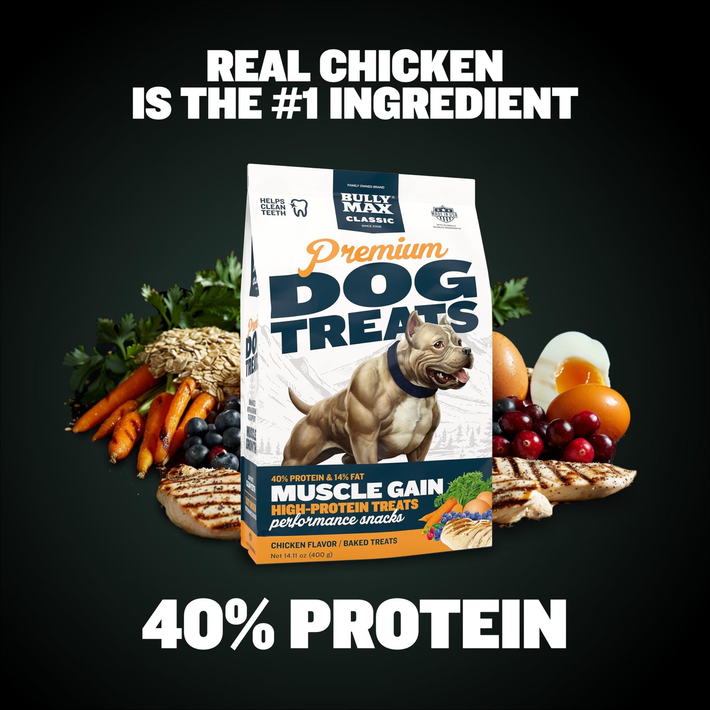 Bully Max Premium High Protein Dog Treats for Puppy & Adult Dogs - Training Dog Food Treats with 40% Protein, Real Meat, Veggies & BCAAs for Small, Medium & Large Breeds, Chicken Flavor, 400g Bag