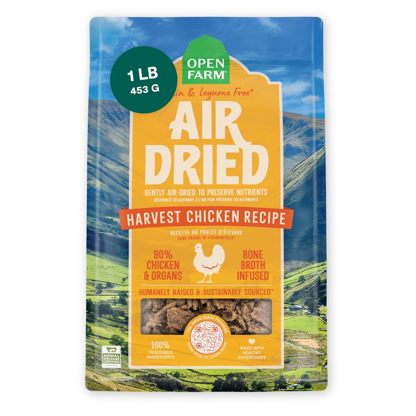 Open Farm, Air Dried Dog Food Infused with Bone Broth, Grain & Legume Free, Complete Meal or Food Topper, Harvest Chicken Recipe, 1lb Bag
