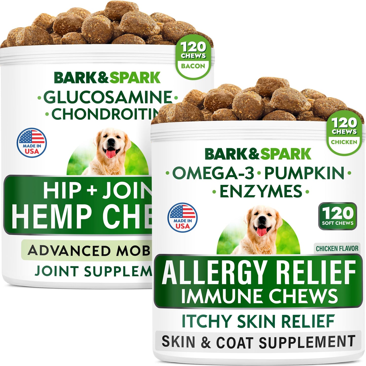 Allergy Relief Dog Treats + Glucosamine Bacon Flavor Bundle - Itchy Skin Relief + Joint Pain Relief - Pumpkin, Enzymes + Chondroitin, MSM, Omega-3 - Seasonal Allergies - 240 Soft Chews - Made in USA