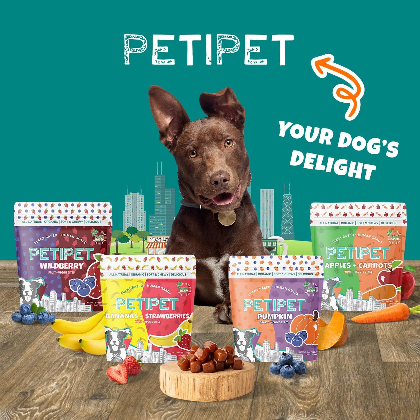 PETIPET Apples+Carrots Plant-Based Fruit Dog Treats - Carrot and Apple Soft & Chewy - Healthy Vegetarian, Vegan Dog Treats with Organic Ingredients - Low-Protein, Hypoallergenic, Gluten-Free