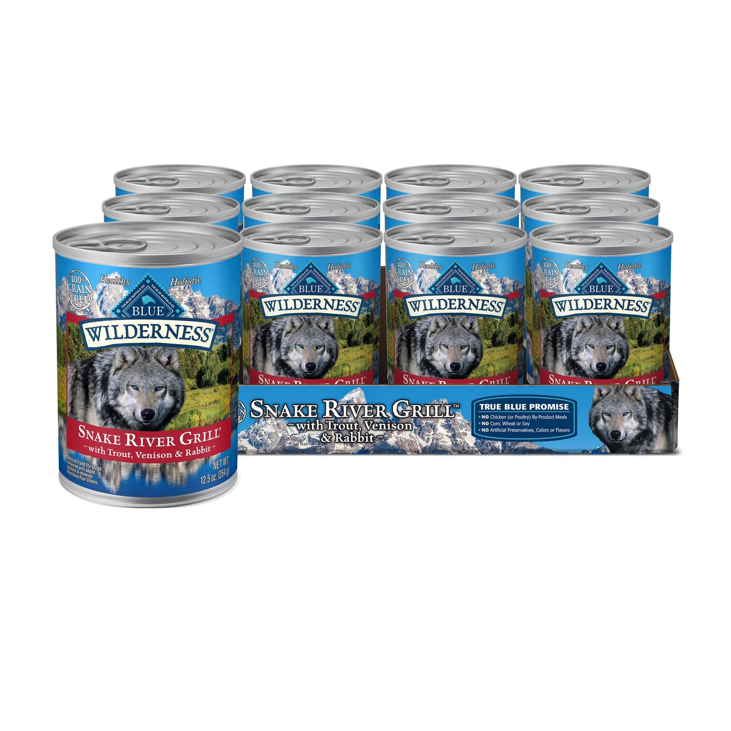 Blue Buffalo Wilderness Snake River Grill Natural High Protein Wet Food for Adult Dogs, Trout, Venison & Rabbit, 12.5-oz Cans, 12 Count