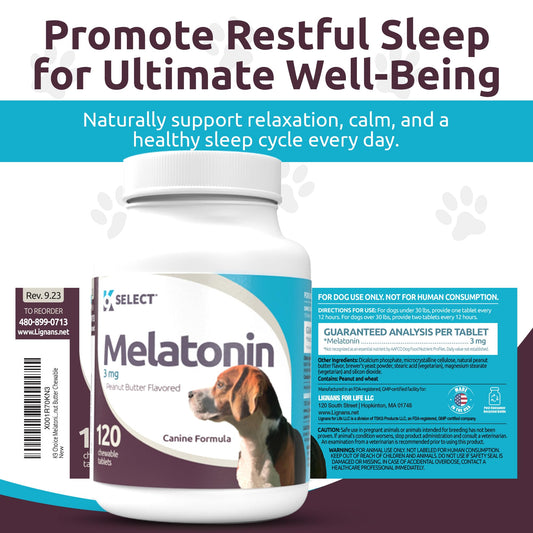 K9 Select Melatonin for Dogs - Calming Aid - Adrenal Support Sleep Aid - Reduce Stress, Pet Melatonin Treats for Medium Sized - 3 mg, 120 Peanut Butter Flavored Tablets