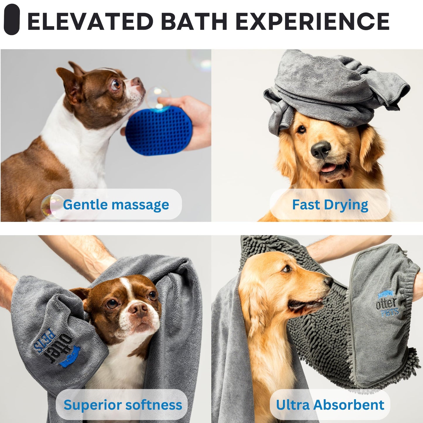 OtterPets 3 Piece Set: 2 Dog Towels and Dog Bath Brush. Dog Shammy and Microfiber Dog Towel. Super Absorbent Towels, Dog Bath Supplies, Dog Scrubber for Bath