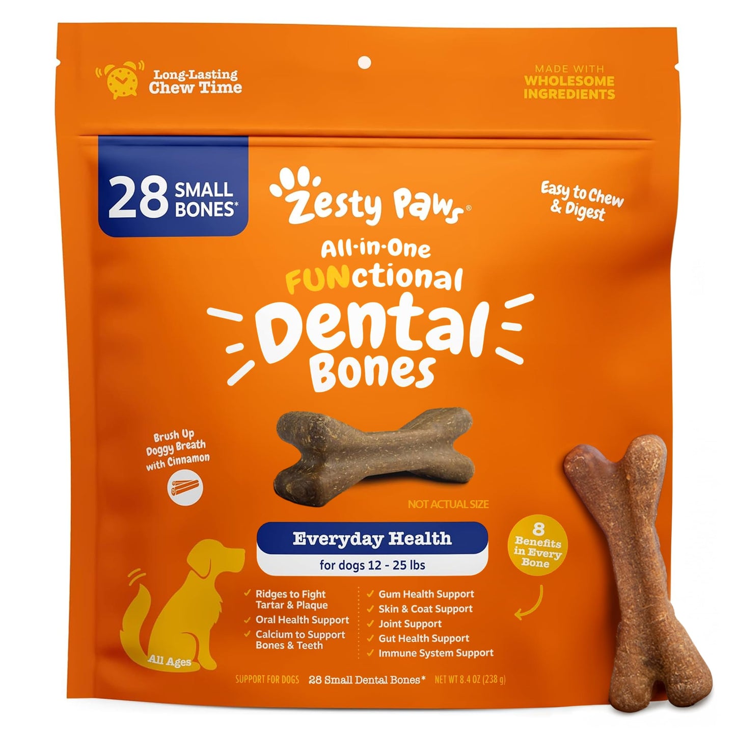 Zesty Paws Dental Bones - Fights Tartar & Plaque - Gum, Teeth & Bone Health - Cinnamon for Dog Breath - Immune, Joint, Gut, Skin & Coat Support - Omega 3 EPA & DHA and Calcium - Small Dogs - 28 ct