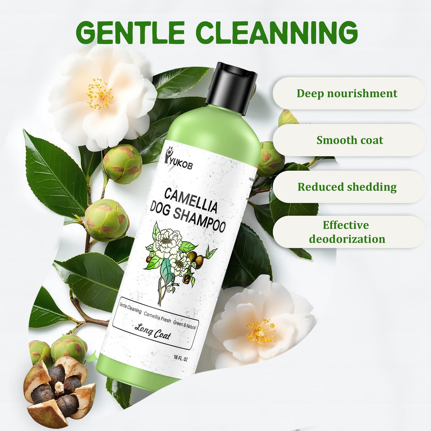 YUKOB Dog Shampoo for Allergies & Itching - Natural Camellia Oil Pet Shampoo for Sensitive Skin, Deshedding, Smooth Coat for Smelly Dogs |Effective Odor Removal | 16 oz