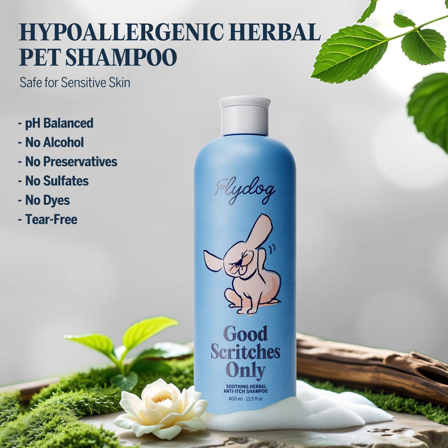 FLYDOG Itchy Skin Relief Shampoo for Dogs & Cats - Natural Herbal, Hypoallergenic with Soothing Brush, Moisturizes Dry Skin, Controls Flaking & Odors, Reduces Shedding