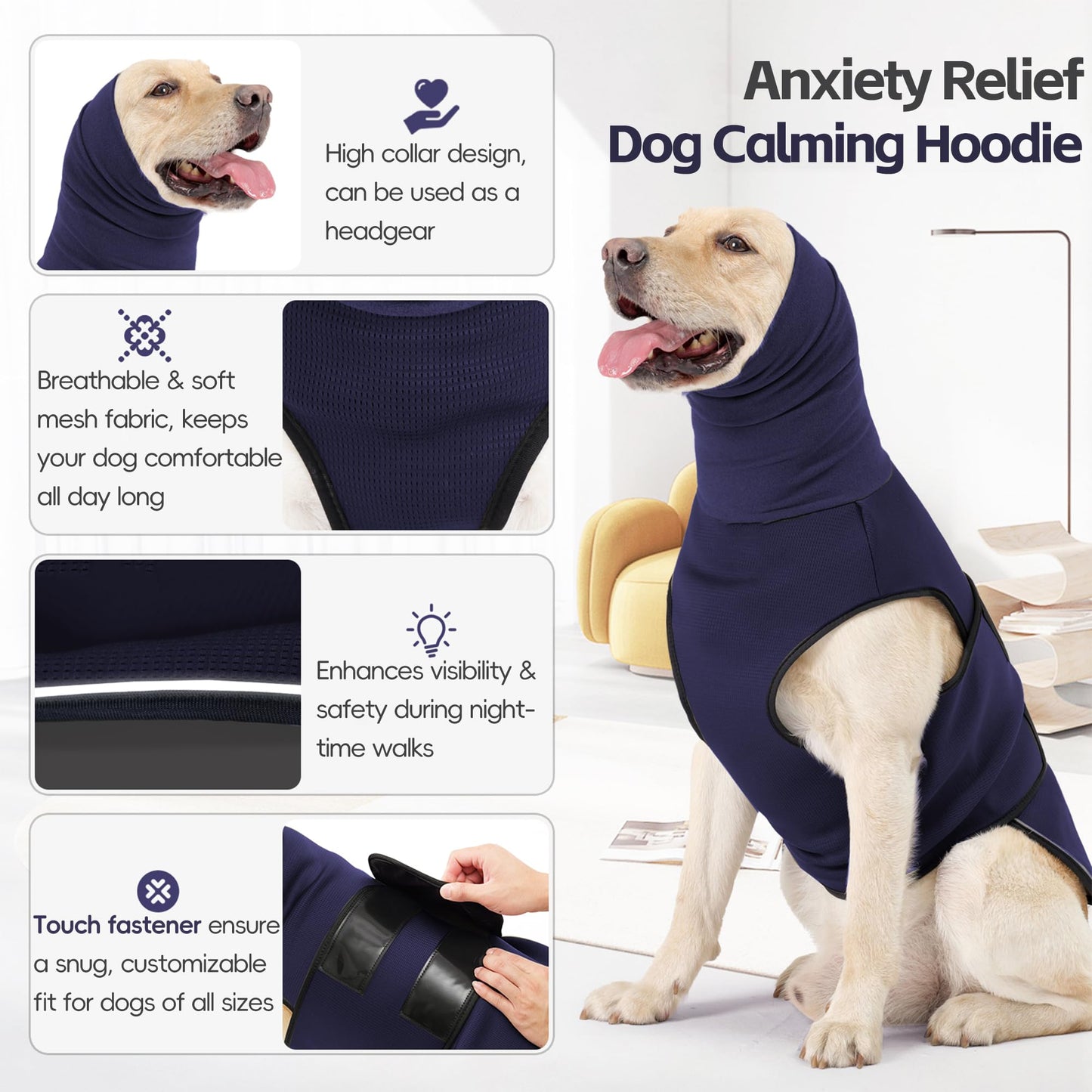 Dog Anxiety Jacket, Breathable Dog Anxiety Relief Vest Shirt, 2-in-1 Large Doggy Calming Hoodie with Ears Wrap for Thunderstorms, Fireworks, Vet Visits, Separation, Noise Protect Recovery (Blue, XL)