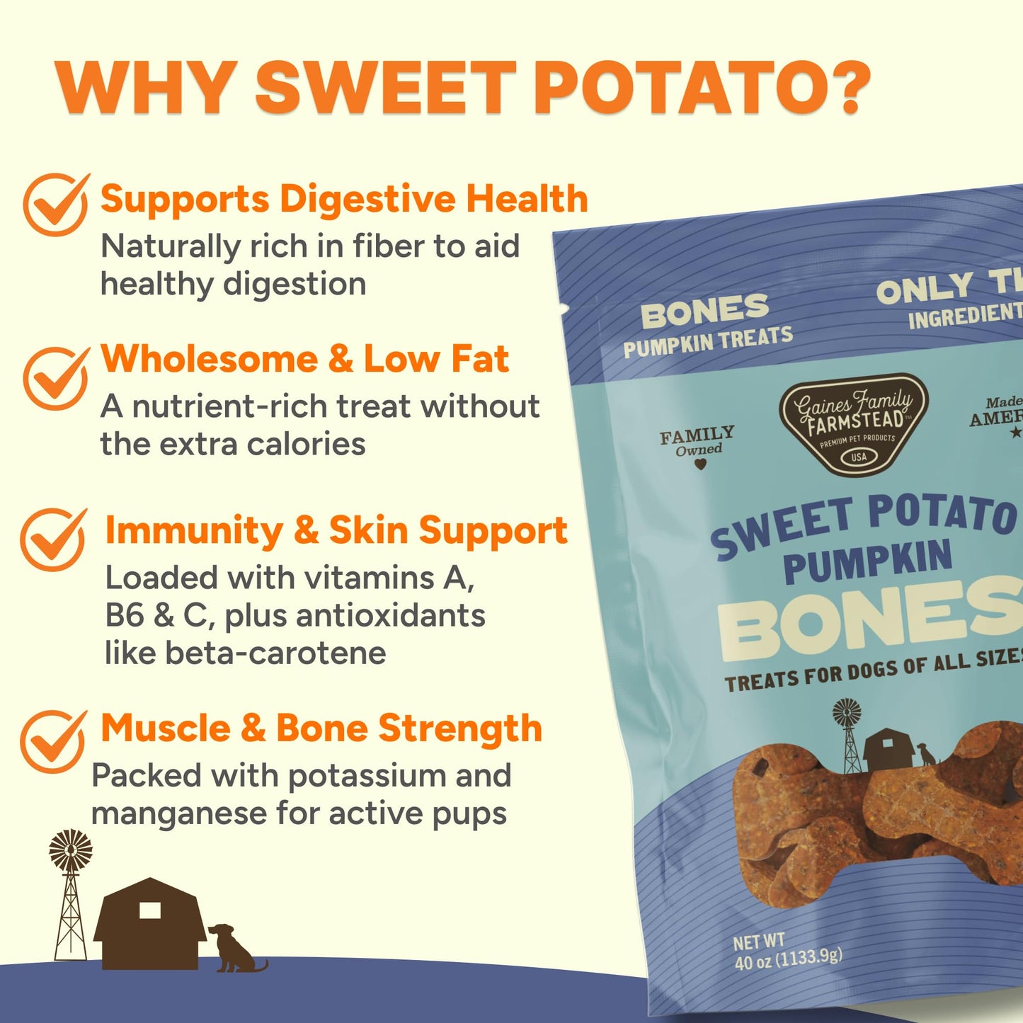 Gaines Family Farmstead Pumpkin & Sweet Potato Dog Bones – 6 oz Bag, Natural, Grain-Free Dog Treats for Digestive Health & Immunity – High-Fiber, Vitamin-Rich Chews, Made in USA