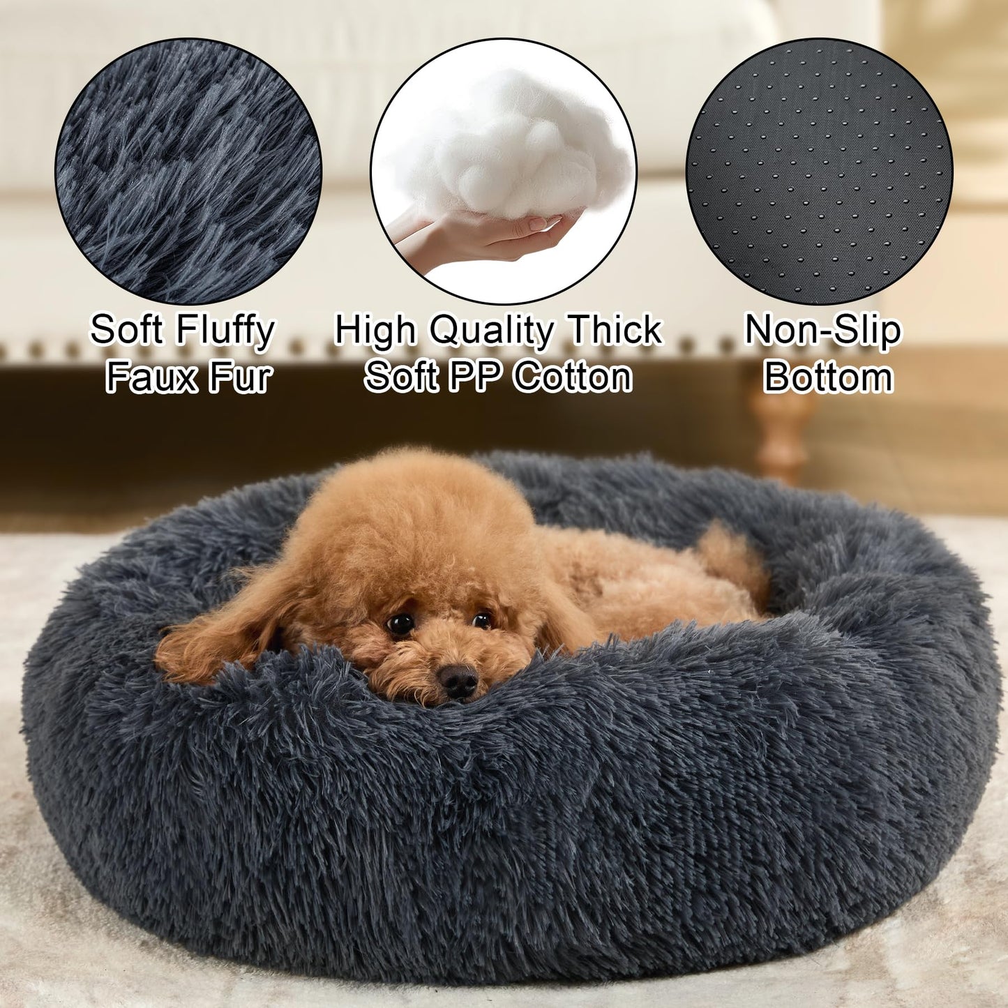 Kimpets Dog Calming Beds for Small Medium Large Dogs - Round Donut Washable Puppy Dog Bed, Anti-Slip Faux Fur Fluffy Donut Cuddle Anxiety Cat Pet Bed(20" Dark Grey)