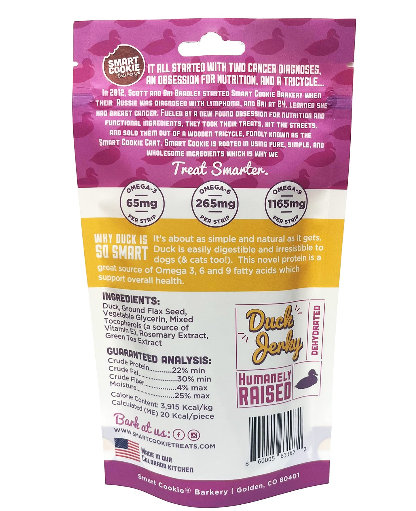 Smart Cookie Duck Jerky Dog Treats with Flax Seed, Omega Oils- Hypoallergenic Strips for Dogs and Puppies with Allergies, Sensitive Stomachs - Dehydrated, Grain Free, Made in USA - 3oz Bag, Pack of 3