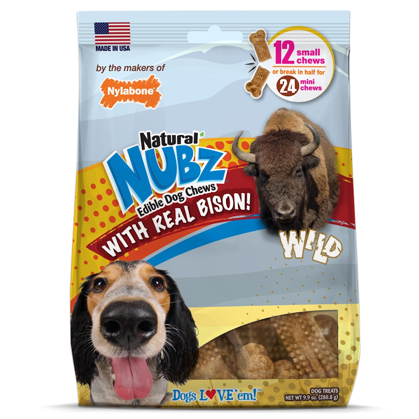 Nylabone Nubz Wild Natural Dog Chew Treats for Small Dogs, Long Lasting Healthy Dog Chew Bones Made in USA, Bison Flavor, for Dogs Up to 25 lbs. (12 Count)