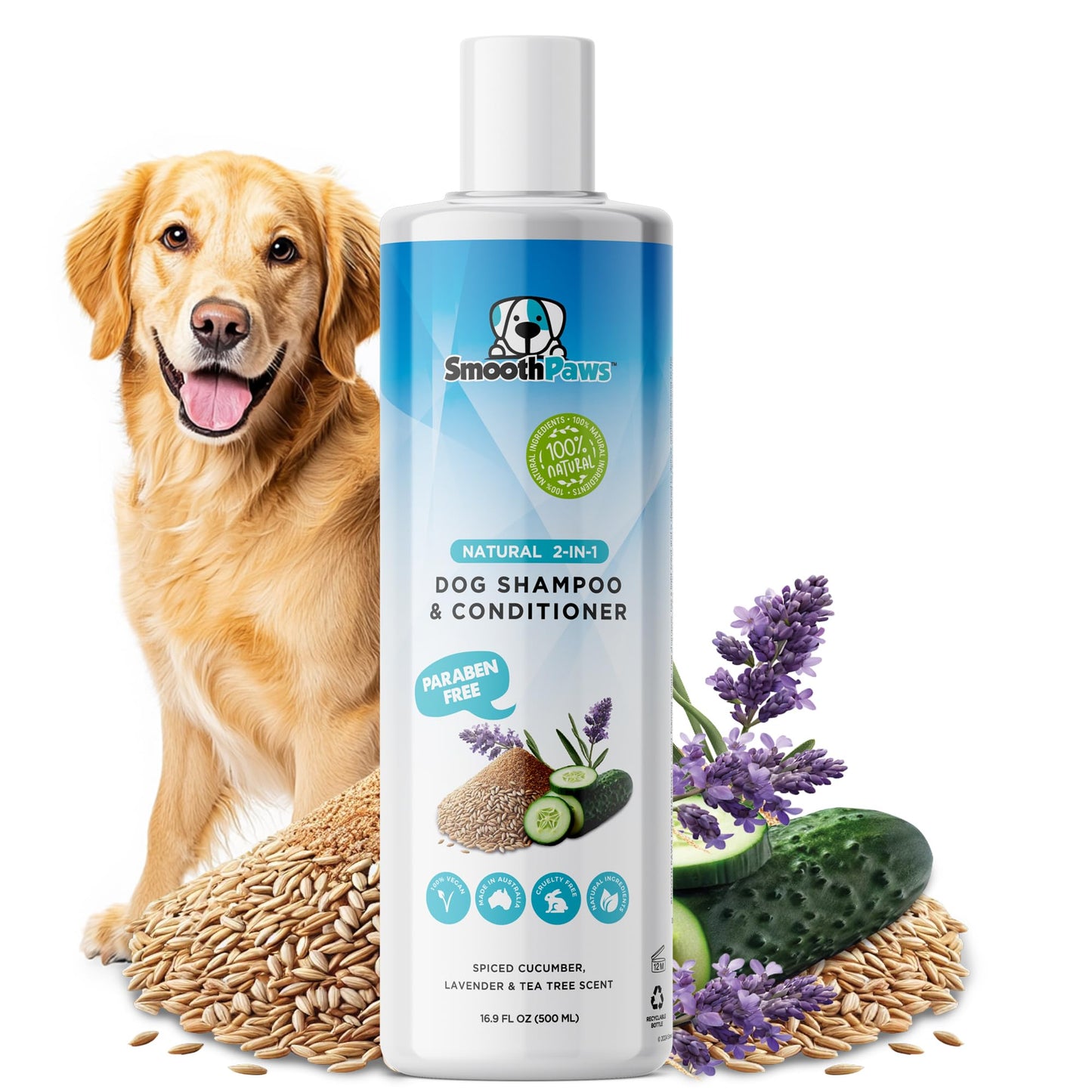 2-in-1 Natural Dog Shampoo & Conditioner – pH-Balanced for Dogs & Puppies | Gentle Oatmeal & Aloe Vera Formula for Sensitive Skin | Spiced Cucumber, Lavender & Tea Tree Scent | 16.9 oz | Smooth Paws