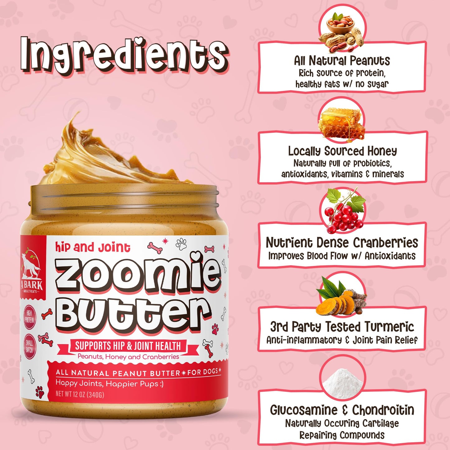 Zoomie Butter Hip & Joint Dog Peanut Butter Spread Supplement, All Natural Dog Treat. Human Grade & Safe Anti Inflammatory Puppy Food, Peanuts & Turmeric for Pain, Stiffness, Grown & Made in USA